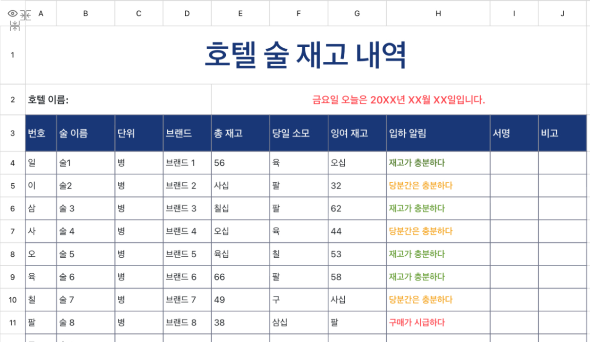호텔 술 재고 내역